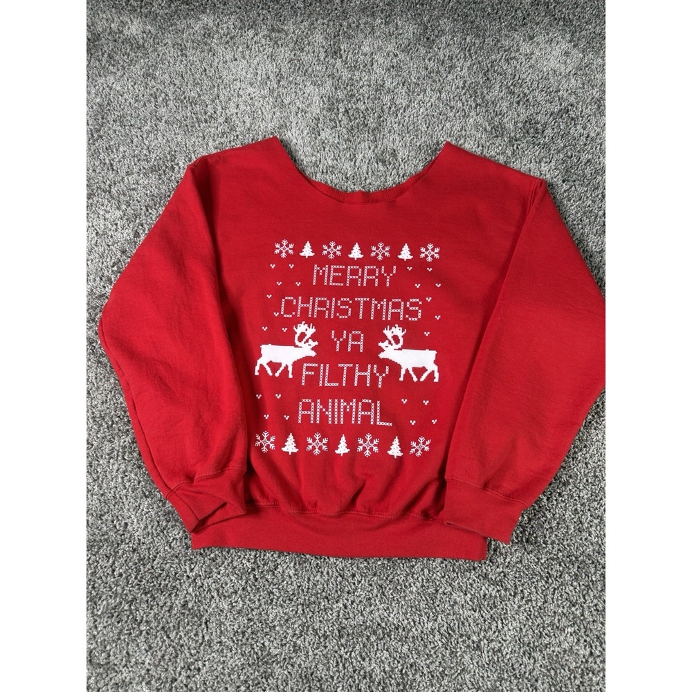 Women's Red Fleece Crewneck Pullover Sweatshirt M "Merry Christmas Ya Filthy"